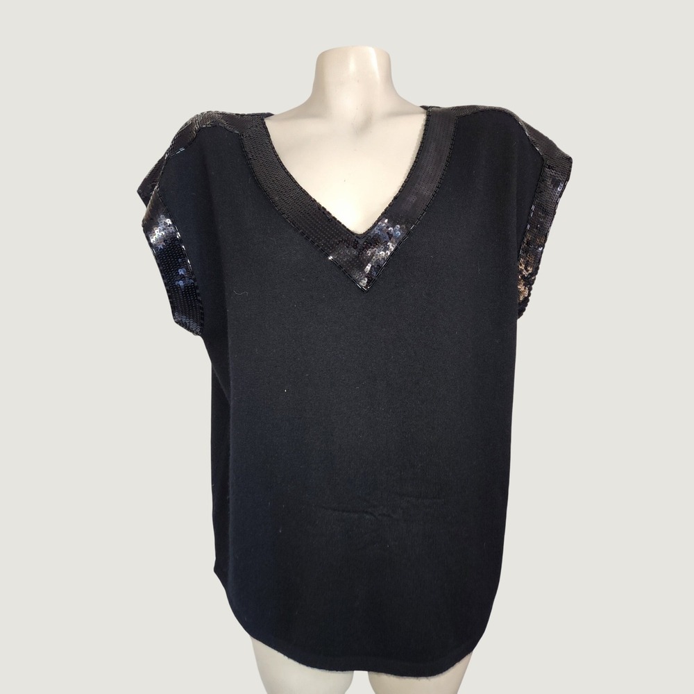 Saks Fifth Avenue Black Label 100% Cashmere Sequin V-Neck Top Womens M Black